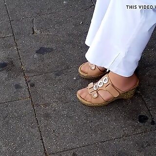 granny nylon feet in cork shoes